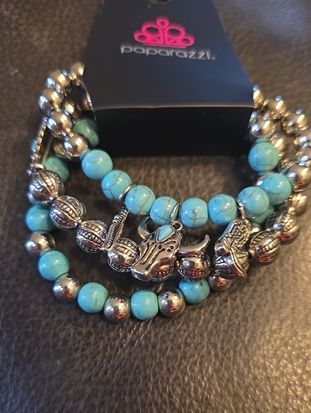 paparazzi Turquoise Bead & Silver Western Charm Bracelet Set